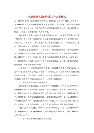 电脑销售人员的年度工作计划格式