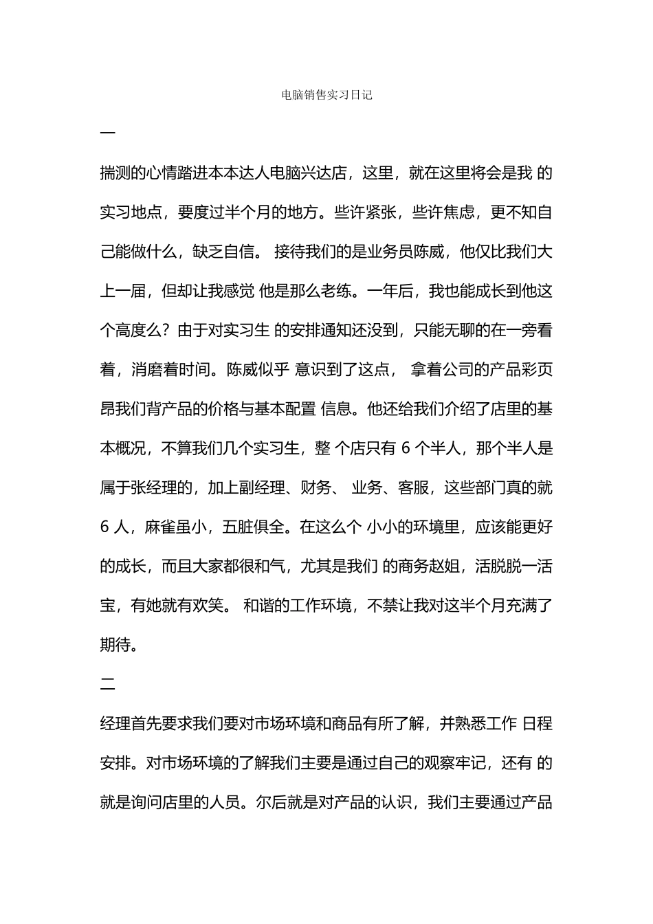 电脑销售实习日记_第1页