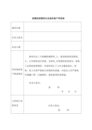 疫情防控期间行业场所复产审批表（标准版）