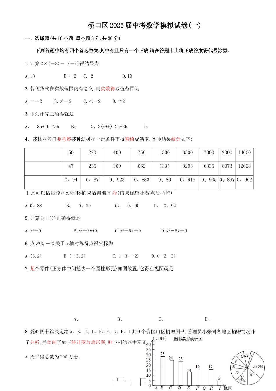硚口区2025届中考数学模拟试题及答案_第1页