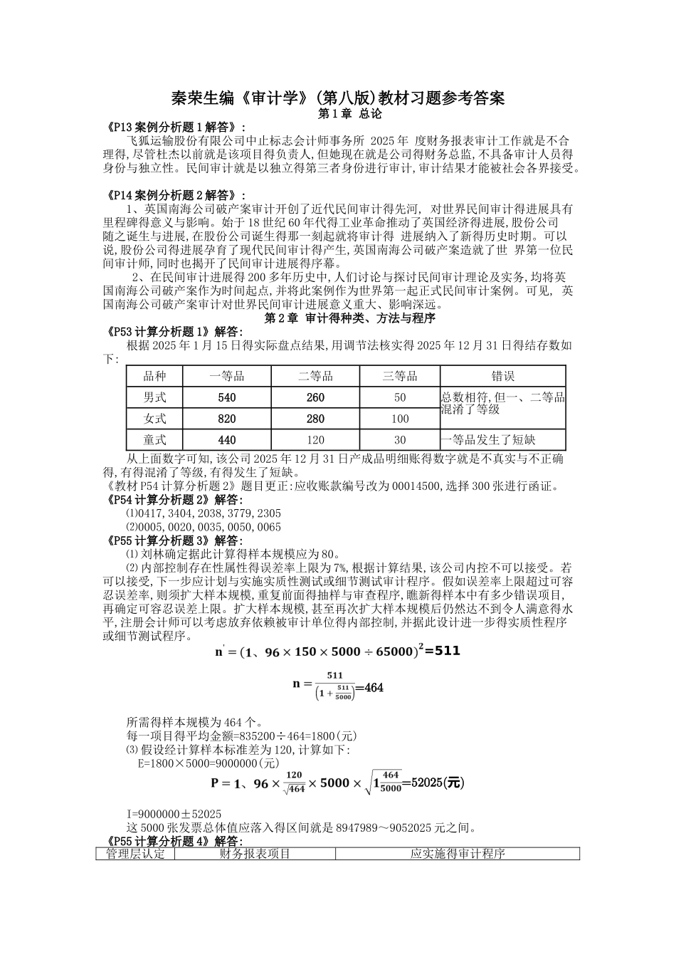 秦荣生编《审计学》教材习题参考答案_第1页