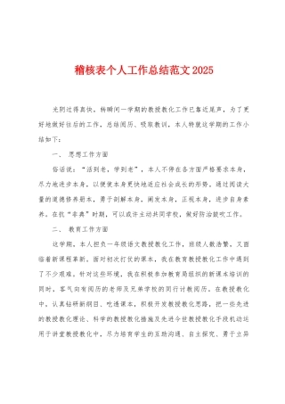 稽核表个人工作总结范文2025年