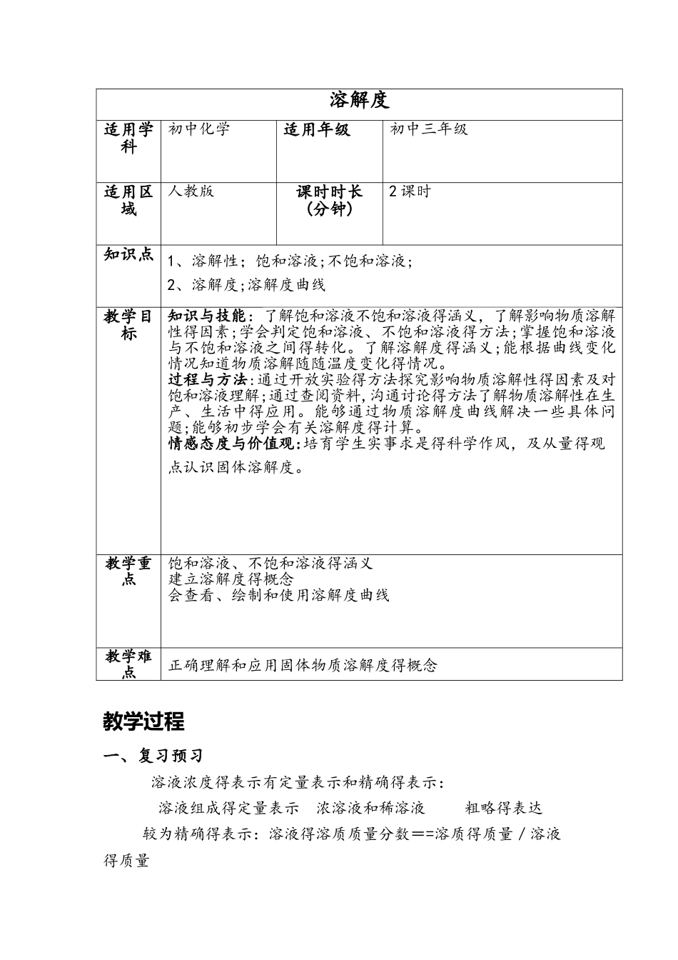 第九单元 溶液 课题2 溶解度_教案_第1页