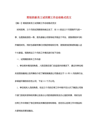简短的新员工试用期工作总结格式范文