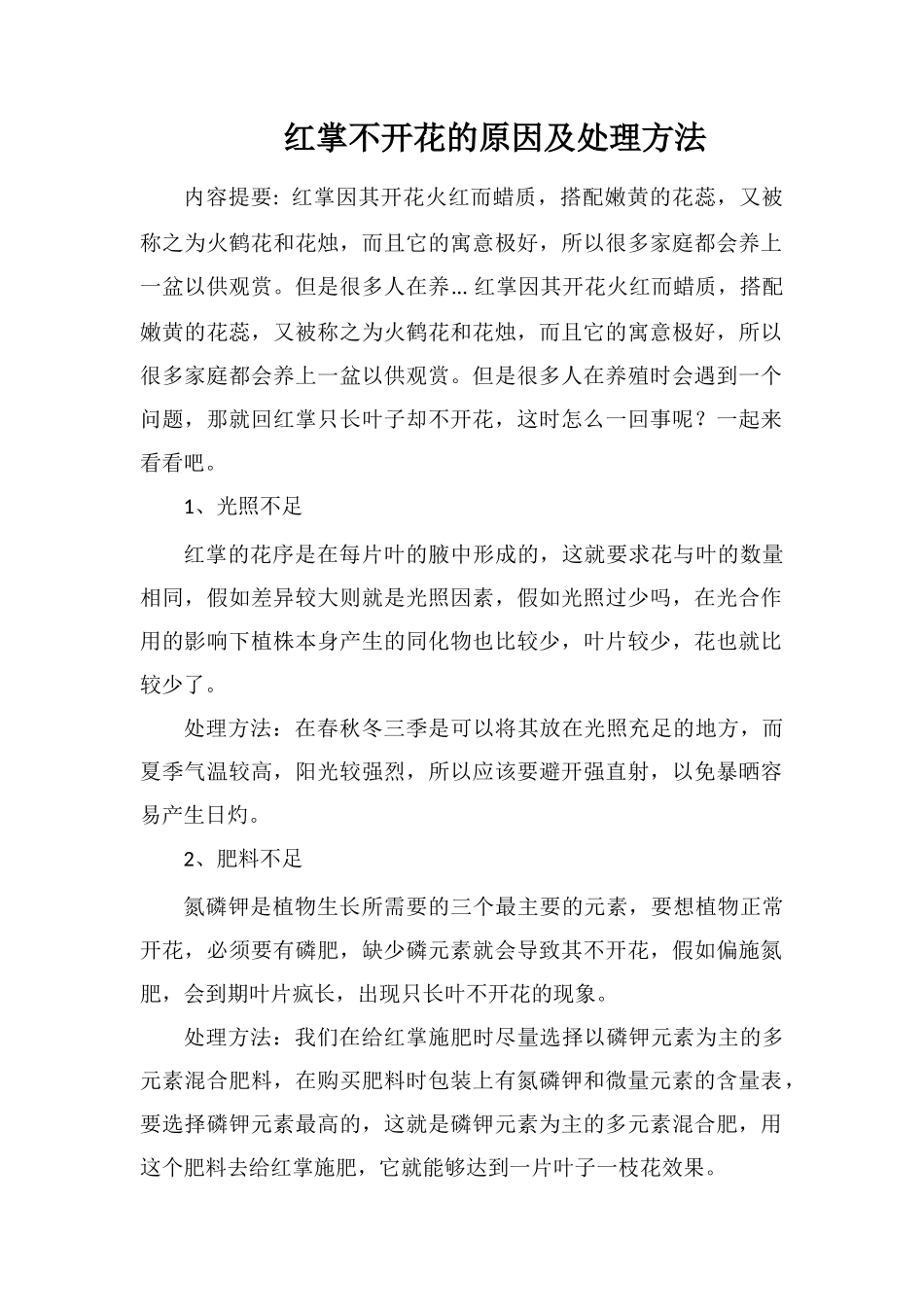 红掌不开花的原因及处理方法_第1页