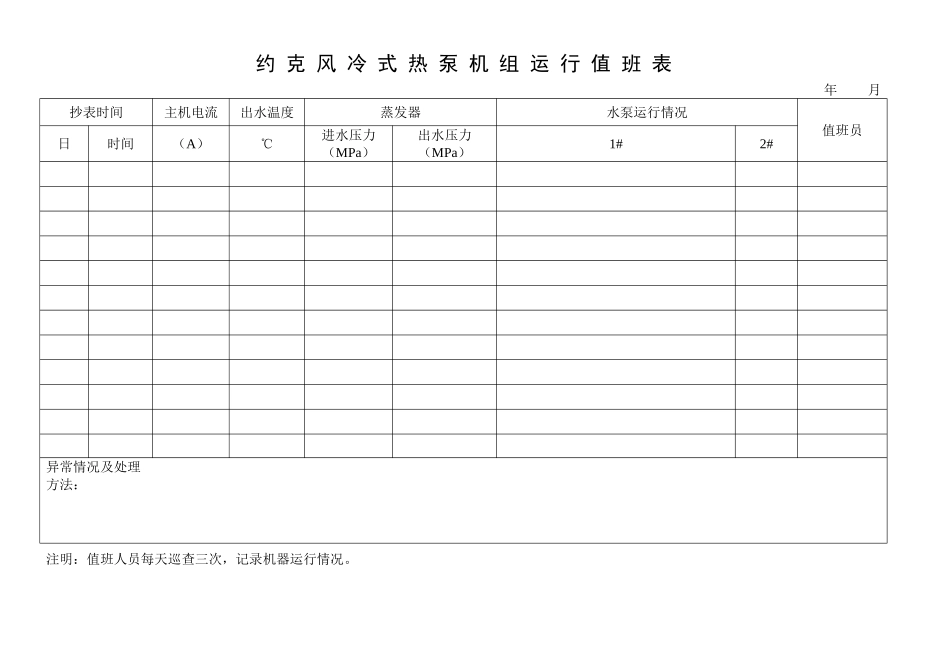 约克风冷式热泵机组运行值班表_第1页