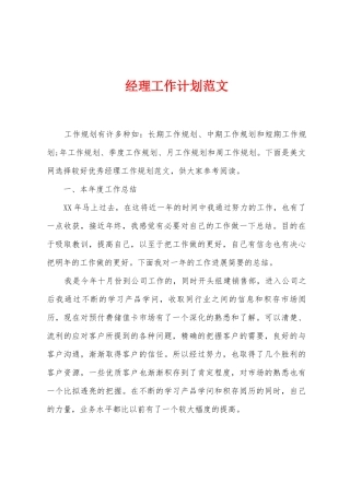 经理工作计划范文