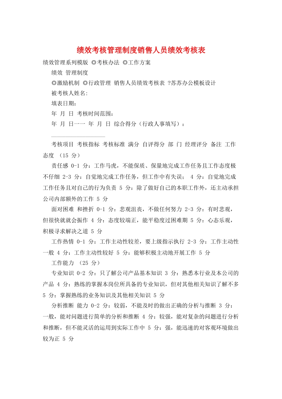 绩效考核管理制度销售人员绩效考核表_第1页