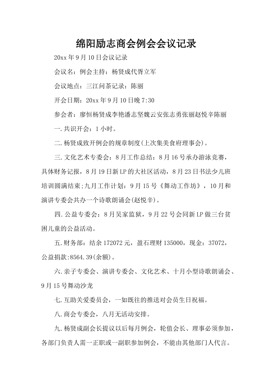 绵阳励志商会例会会议记录（标准版）_第1页
