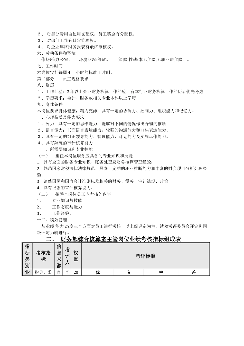 综合核算室主管岗位说明书以及绩效考核细则_第2页