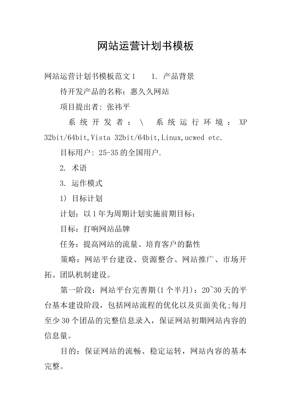 网站运营计划书模板_第1页