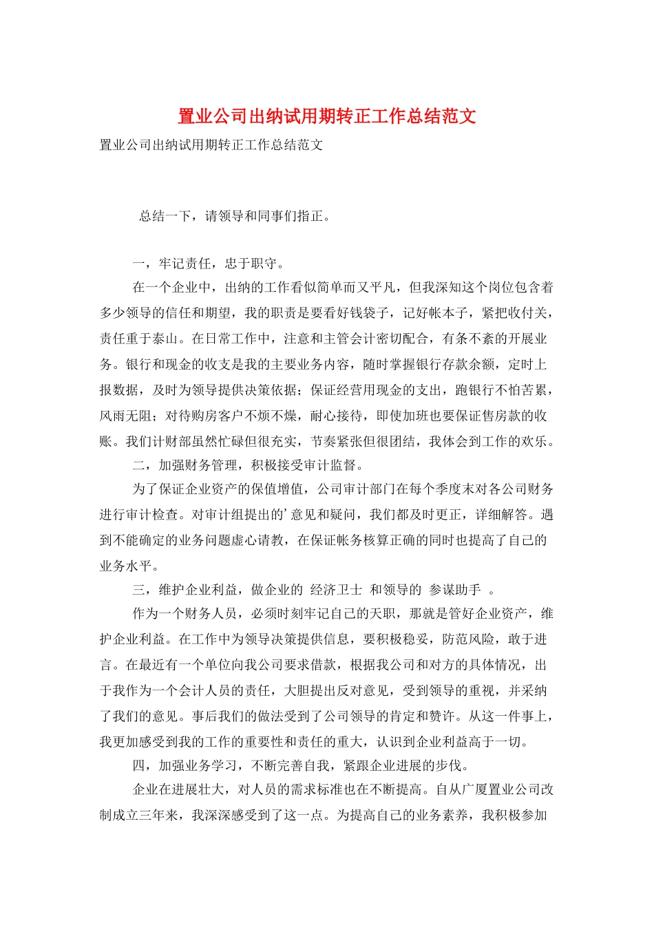 置业公司出纳试用期转正工作总结范文_第1页