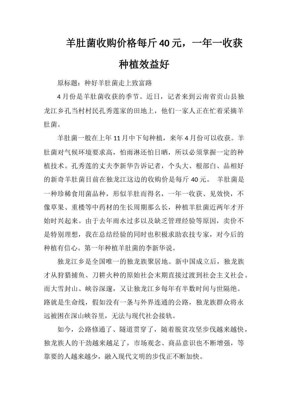 羊肚菌收购价格每斤40元-一年一收获种植效益好_第1页