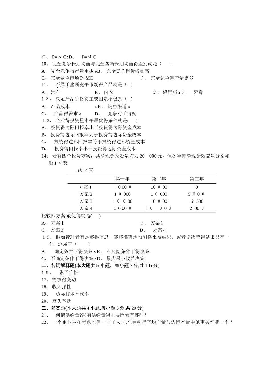 自学考试自考管理经济学历年试卷_第2页
