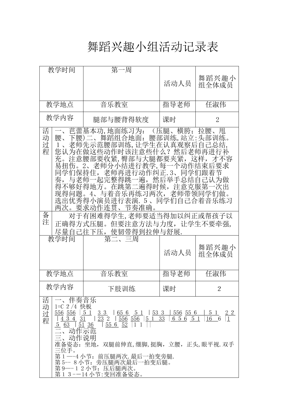 舞蹈兴趣小组活动记录表_第1页