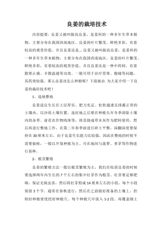 良姜的栽培技术