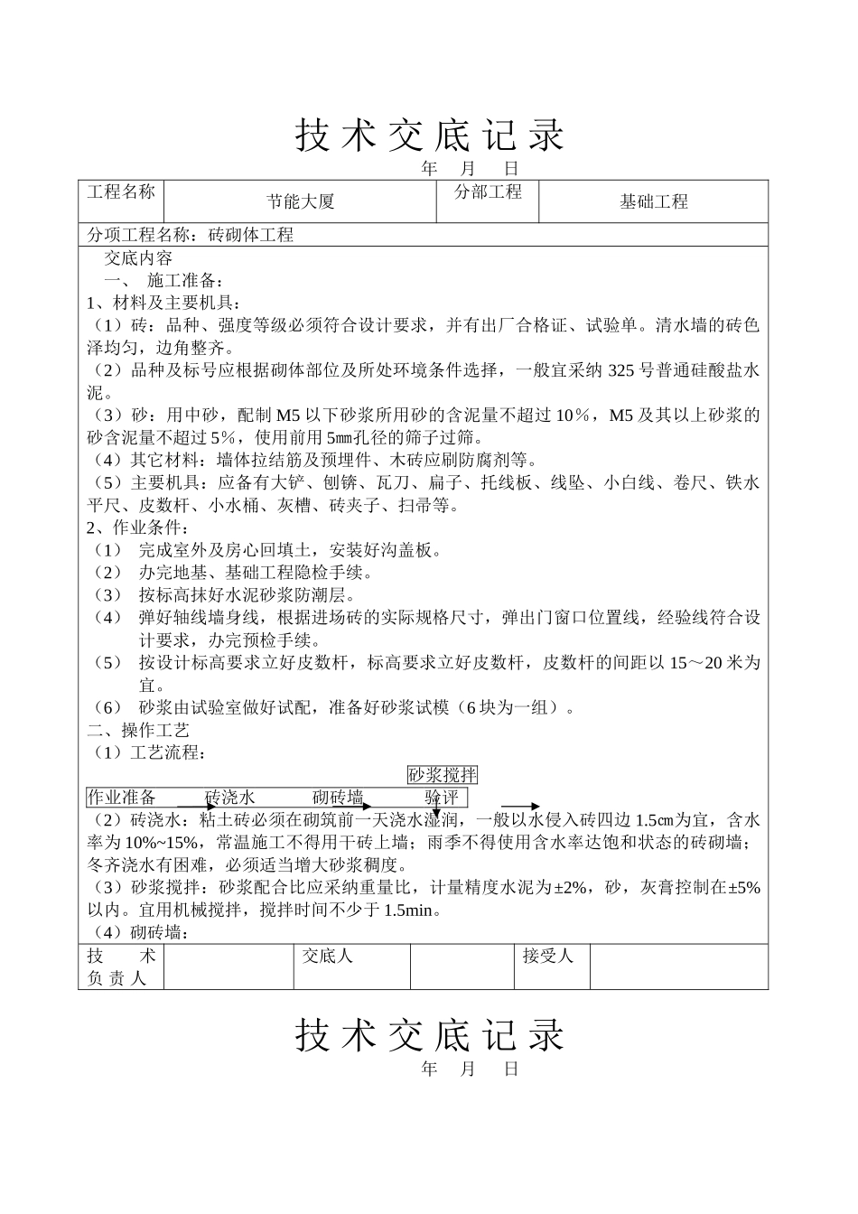 节能大厦砖砌体工程技术交底_第1页