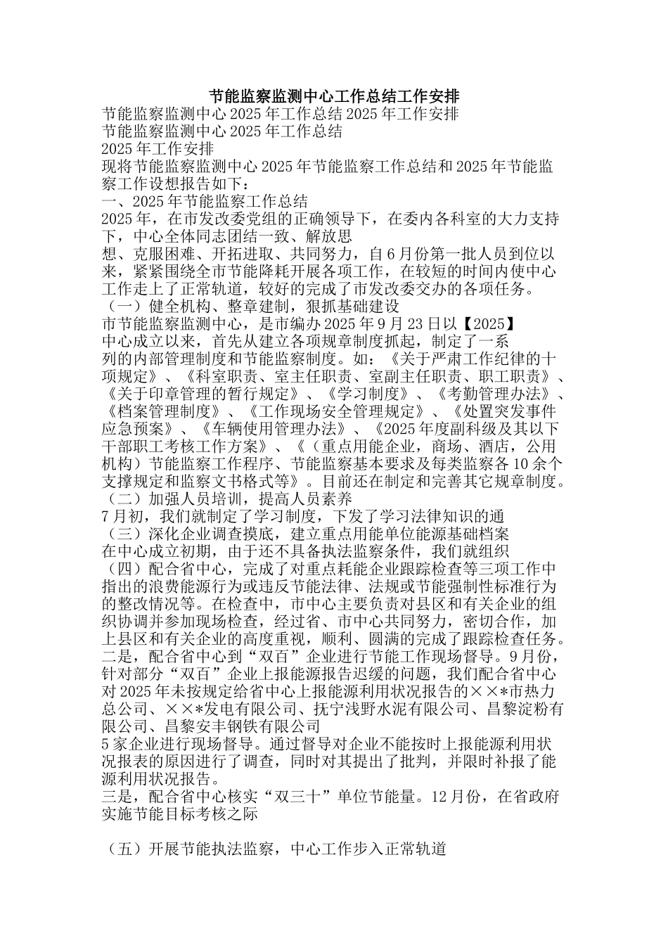 节能监察监测中心工作总结工作安排-精品范文资料_第1页