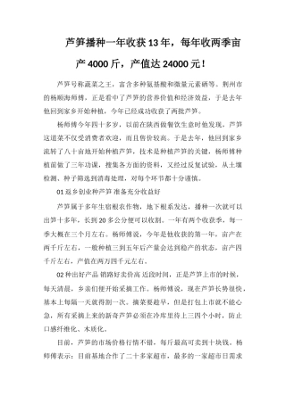 芦笋播种一年收获13年-每年收两季亩产4000斤-产值达24000元!