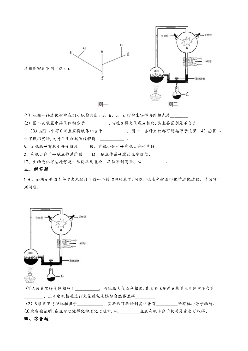 苏教版八年级上册生物 5.16生命起源和生物进化 单元测试与解析_第3页