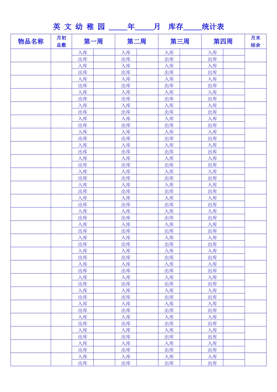 英文幼稚园年月库存物品统计表_第1页