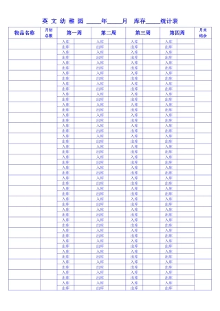 英文幼稚园年月库存物品统计表