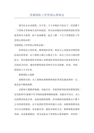 营销团队工作管理心得体会