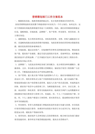 营销策划部门工作计划范本