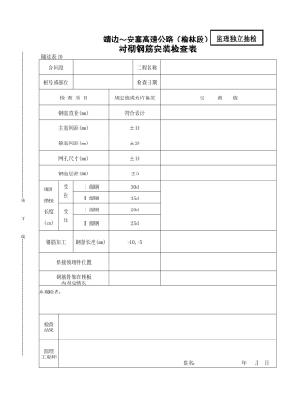 衬砌钢筋安装检查表