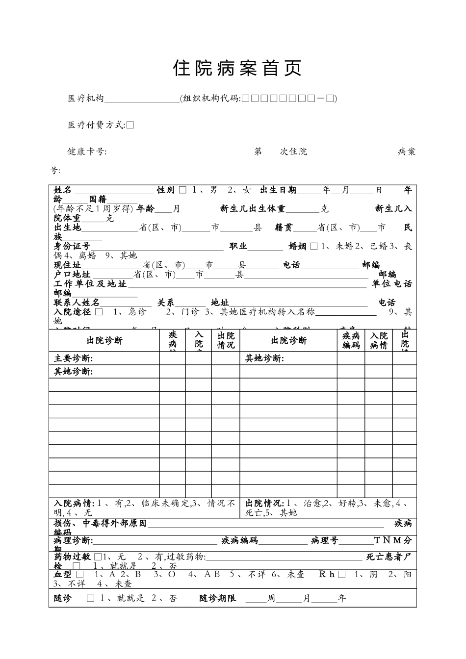 西医病案首页及填写说明_第1页