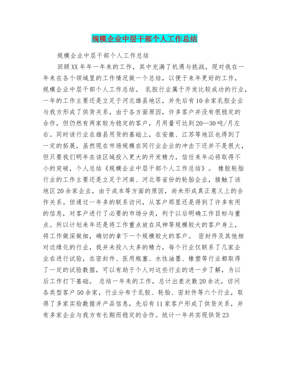规模企业中层干部个人工作总结_第1页