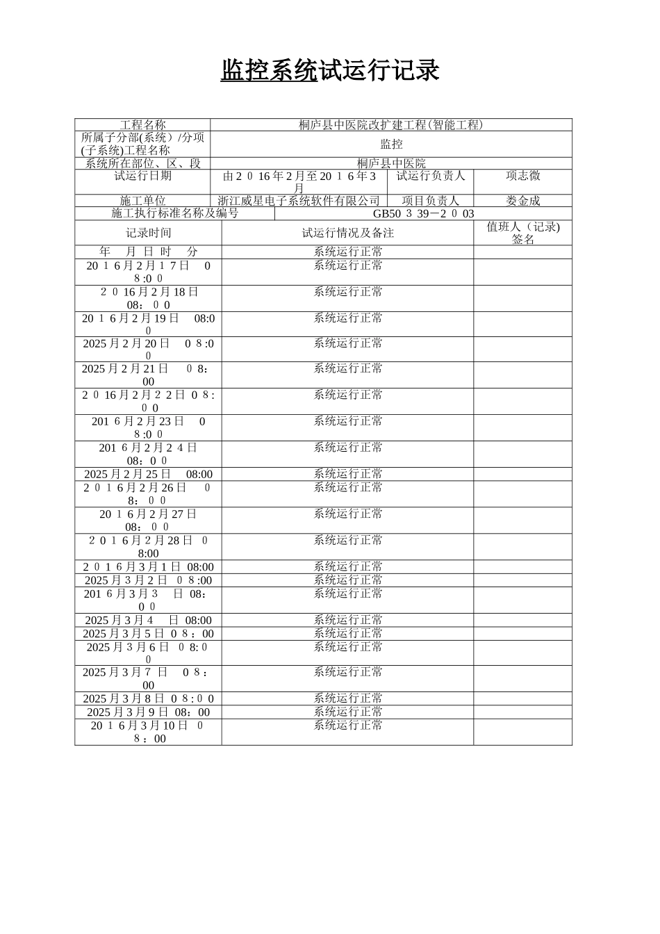 视频监控系统试运行记录_第1页