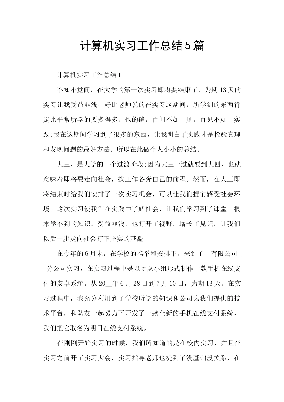 计算机实习工作总结5篇_第1页