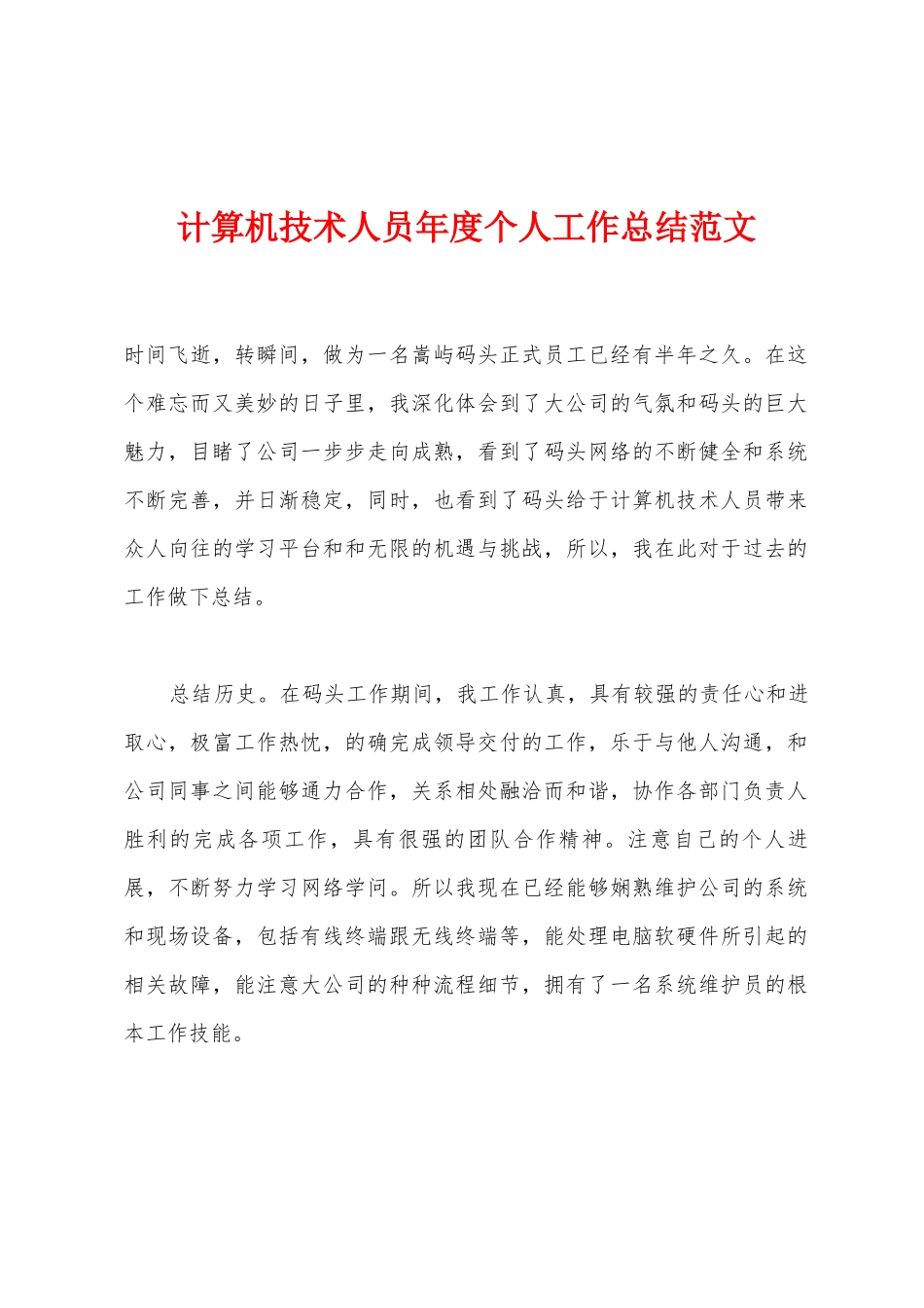 计算机技术人员年度个人工作总结_第1页