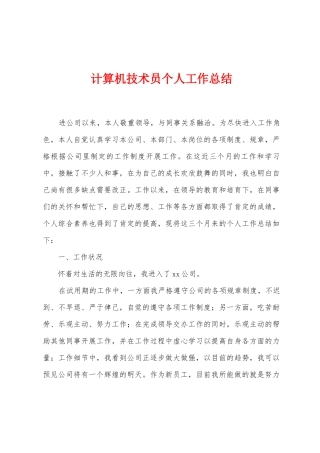 计算机技术员个人工作总结