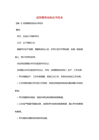 试用期劳动协议书范本