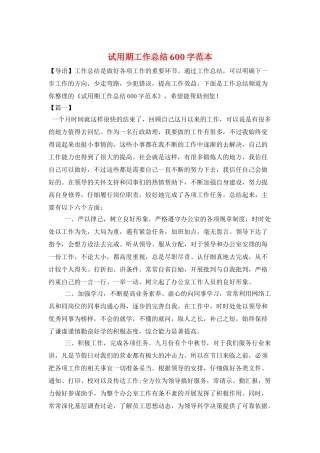 试用期工作总结600字范本