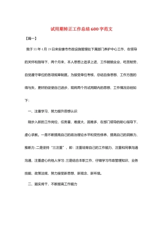 试用期转正工作总结600字范文