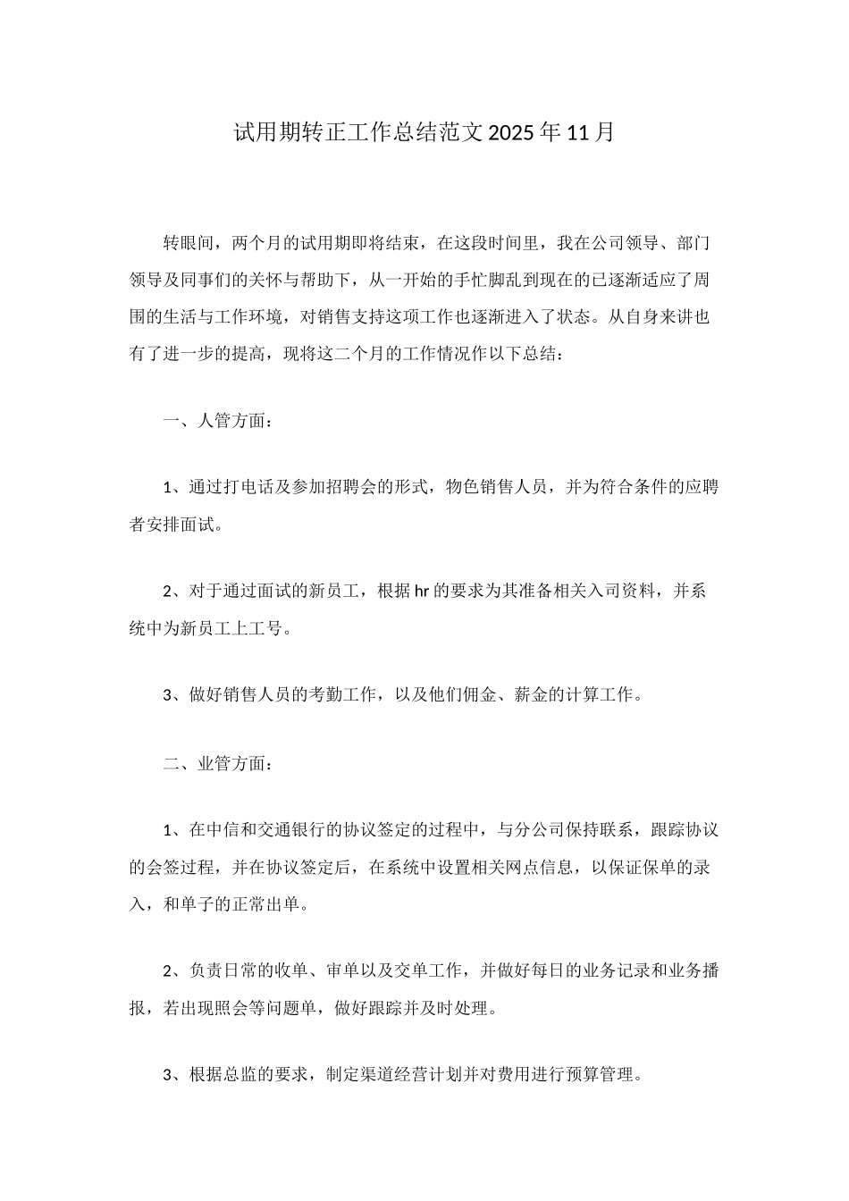 试用期转正工作总结范文2025年11月_第1页