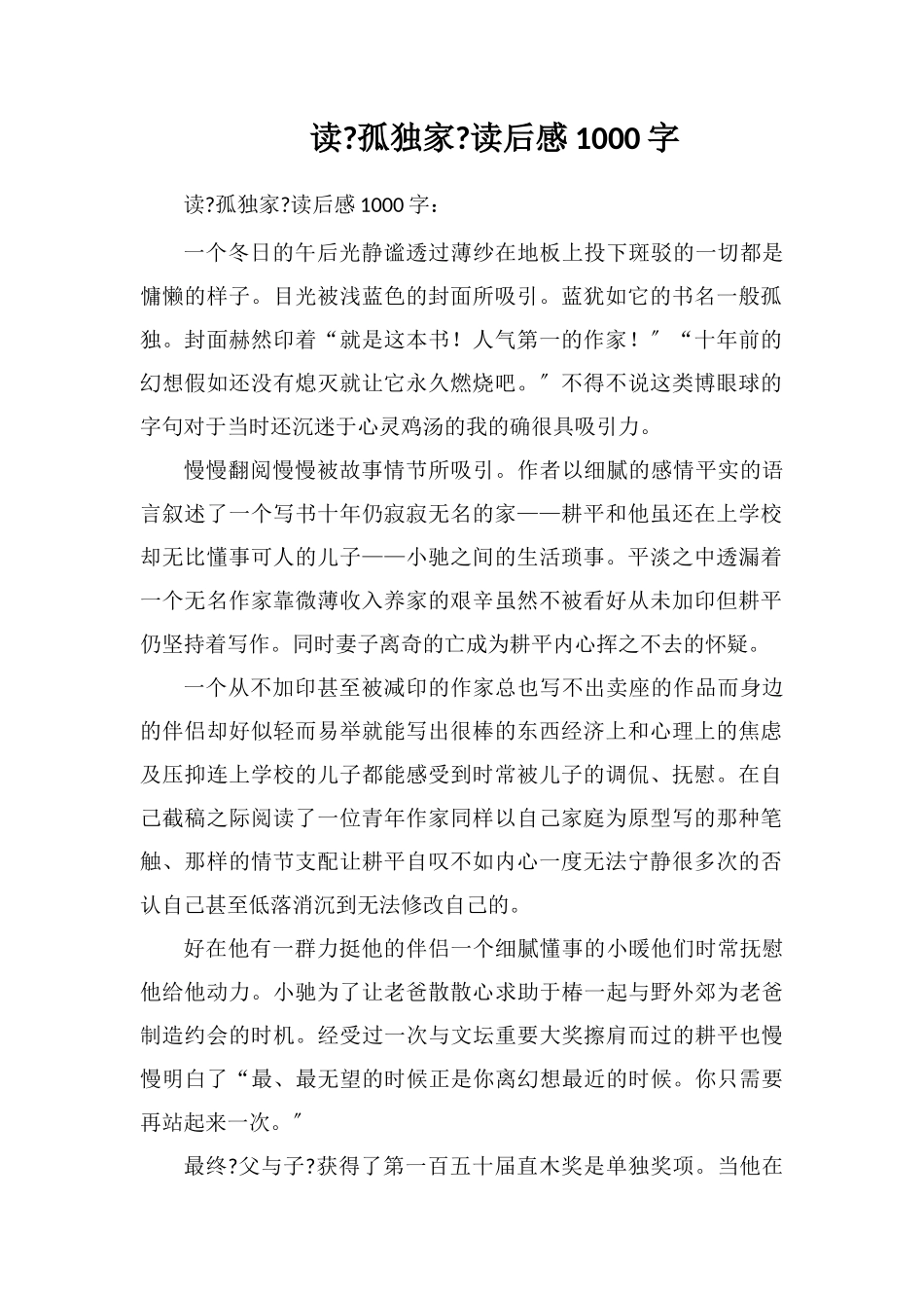 读《孤独小说家》读后感1000字_第1页