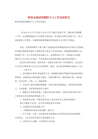 财务出纳试用期的个人工作总结范文