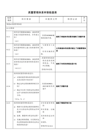 质量管理体系审核检查表