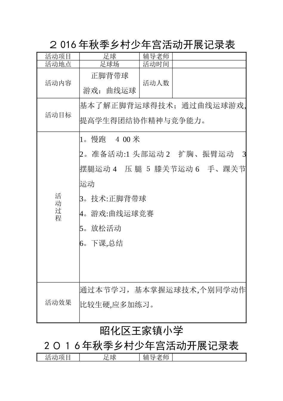 足球社团乡村少年宫活动记录表_第2页