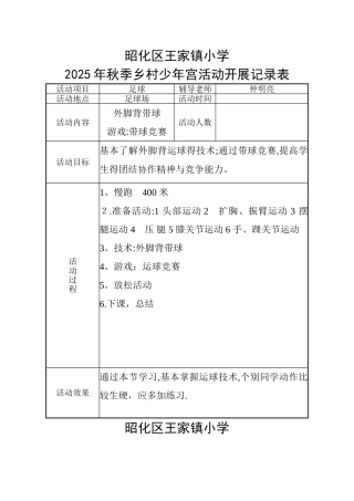 足球社团乡村少年宫活动记录表