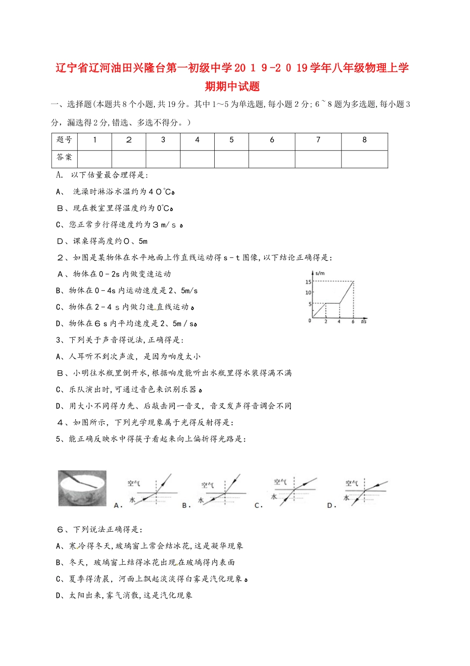 辽宁省辽河油田兴隆台第一初级中学八年级物理上学期期中试题_第1页