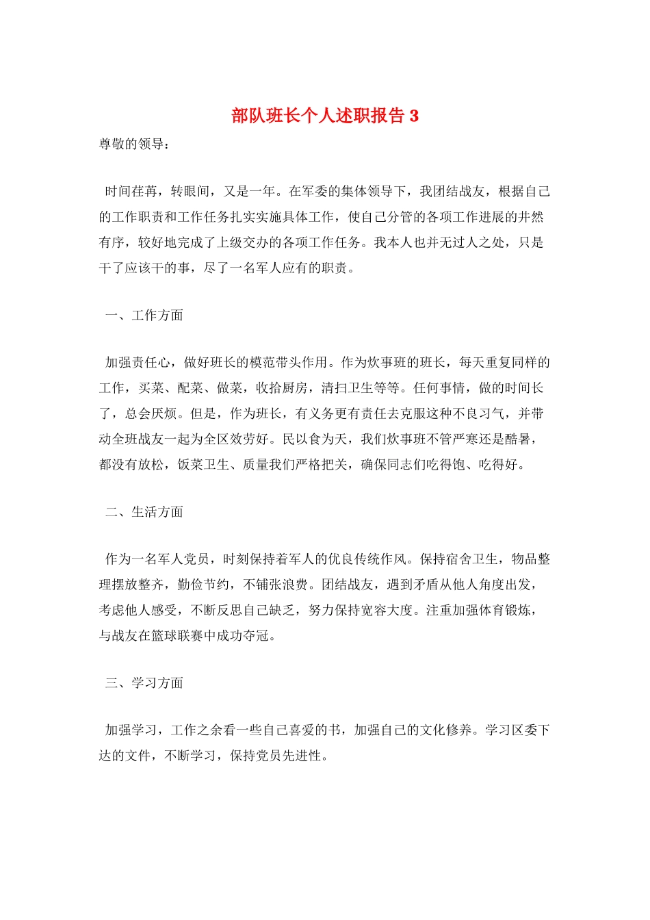 部队班长个人述职报告3_第1页