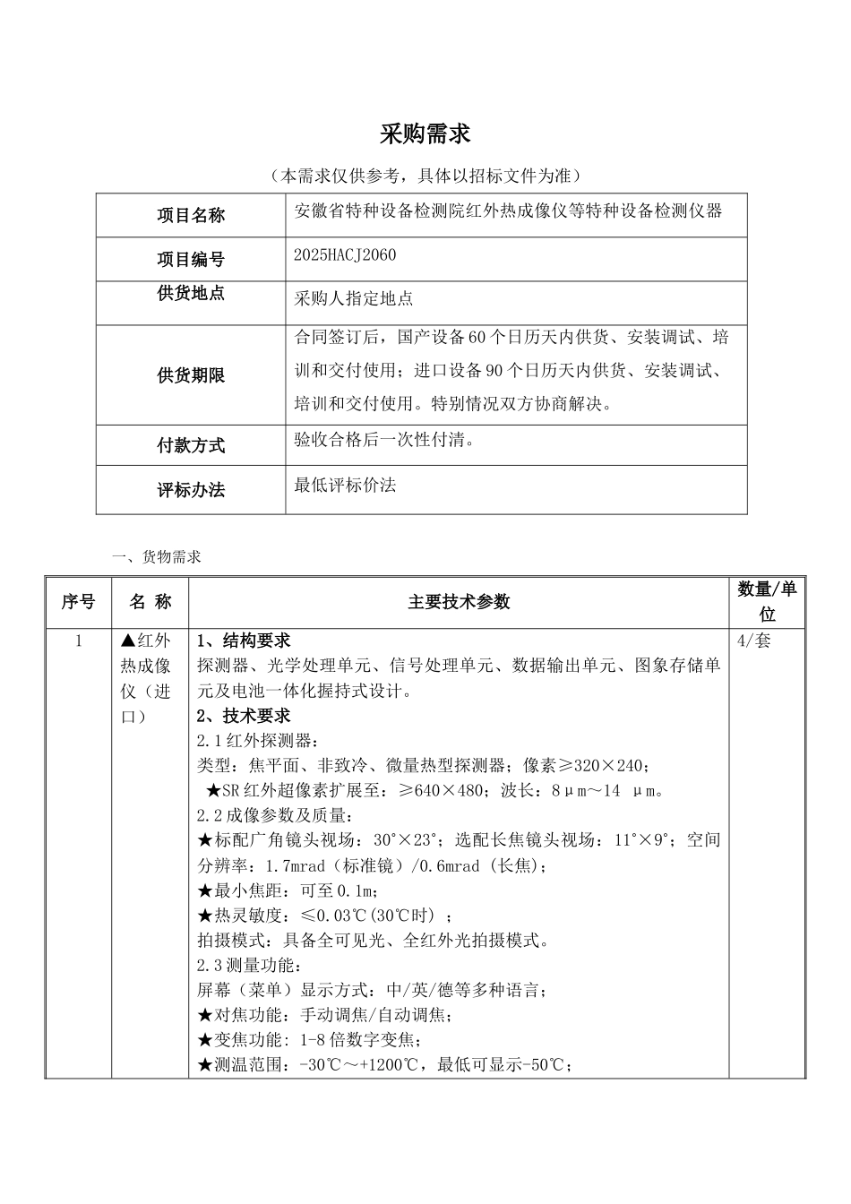 采购需求安徽特种设备检测院红外热成像仪等特种设备检测仪器_第1页