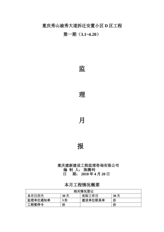 重庆秀山渝秀大道拆迁安置小区D区工程监理月报