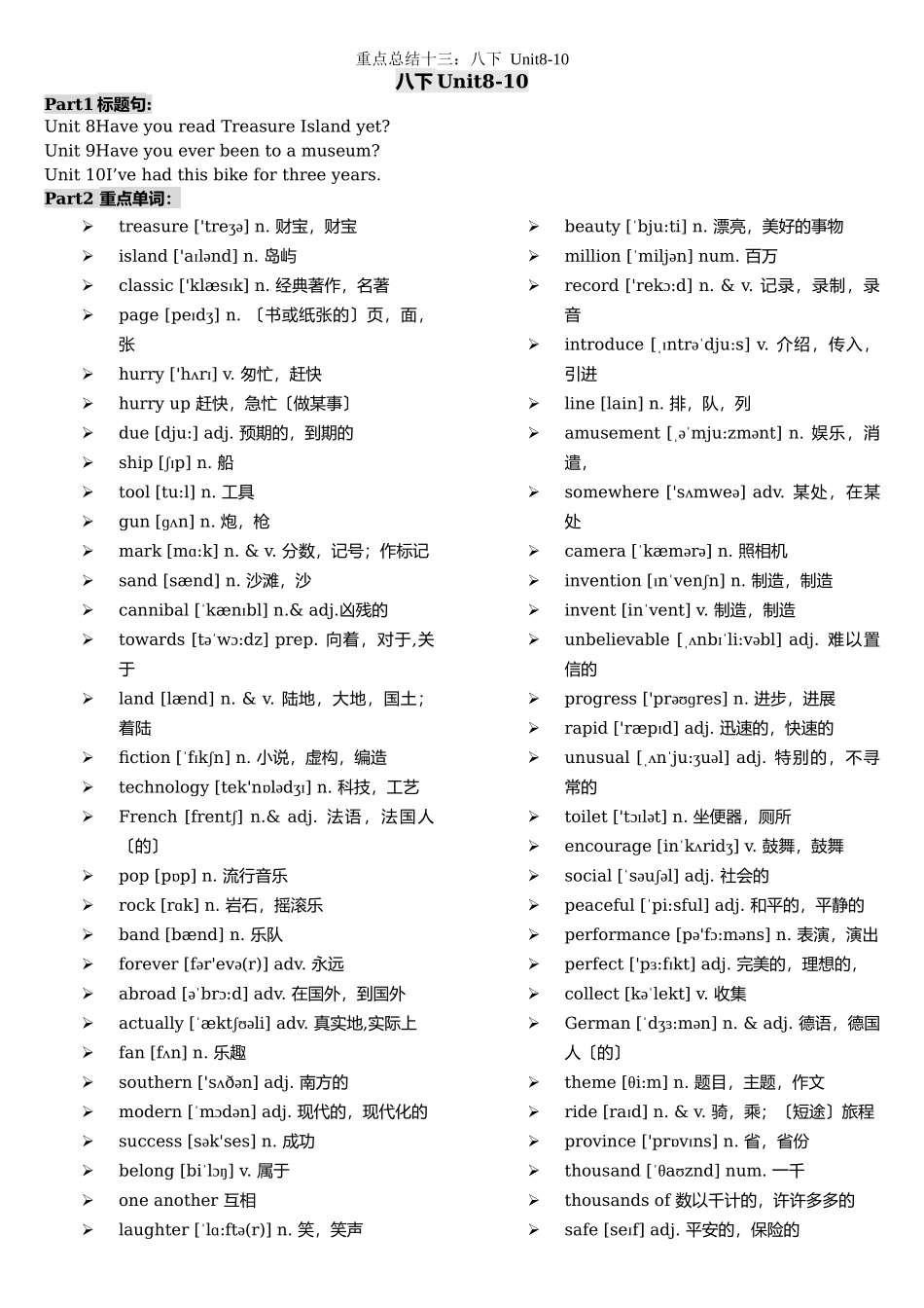 重点总结十三八下Unit8-10_第1页