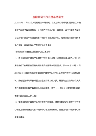 金融公司工作月度总结范文